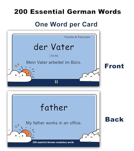 Docdeer 200 Essential German Words Vocabulary Flash Cards Flashcard for Beginners Adults Learn German for Beginners Adult - Image 5