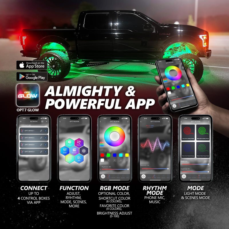 Opt7 Photon Rgb Led Magnet Rock Lights With App & Remote Control  8 Black Pods Wide Angle Multicolor Neon Underglow Lighting Kit With Extension Wire  Ip68 Waterproof For Offroad Truck Jeep Rzr Atv Utv - Image 2