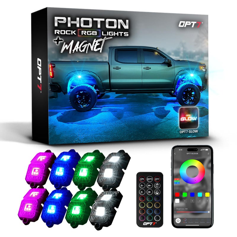 Opt7 Photon Rgb Led Magnet Rock Lights With App & Remote Control  8 Black Pods Wide Angle Multicolor Neon Underglow Lighting Kit With Extension Wire  Ip68 Waterproof For Offroad Truck Jeep Rzr Atv Utv - Image 1