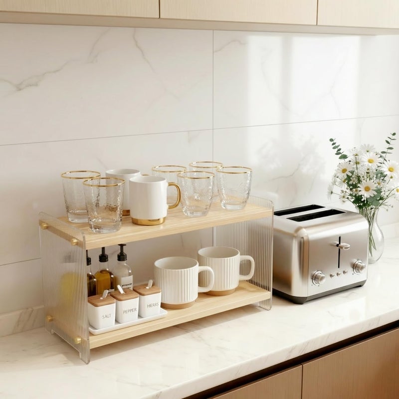 ReeGii Coffee Station Organizer 2 Tier, Solid Wood Mug Shelffor Coffee Bar,Matcha Station,Tea Storage - Holds Mugs,Beans,Syrup,Cups,Tirrers (Solid Pine Wood Color, 15.4" L x 5.7" W x 8.2" H) - Image 3