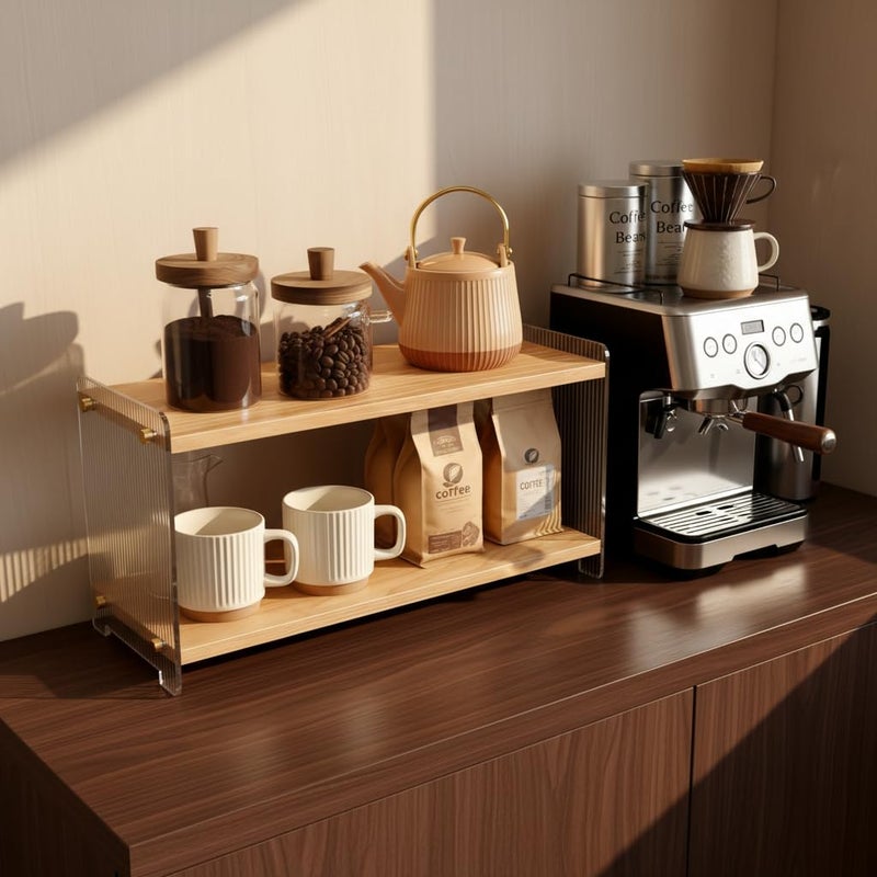 ReeGii Coffee Station Organizer 2 Tier, Solid Wood Mug Shelffor Coffee Bar,Matcha Station,Tea Storage - Holds Mugs,Beans,Syrup,Cups,Tirrers (Solid Pine Wood Color, 15.4" L x 5.7" W x 8.2" H) - Image 5