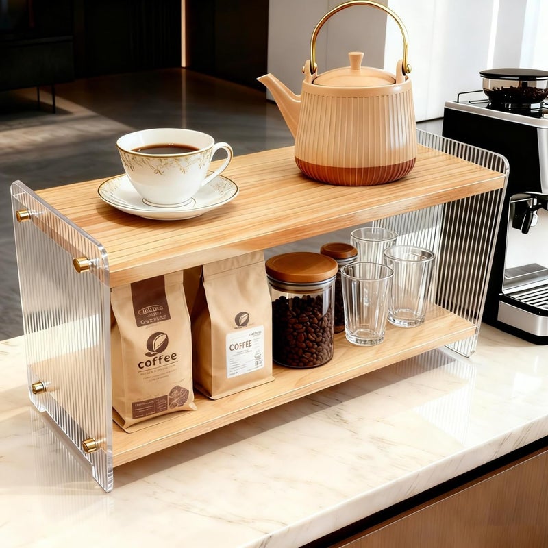 ReeGii Coffee Station Organizer 2 Tier, Solid Wood Mug Shelffor Coffee Bar,Matcha Station,Tea Storage - Holds Mugs,Beans,Syrup,Cups,Tirrers (Solid Pine Wood Color, 15.4" L x 5.7" W x 8.2" H) - Image 1