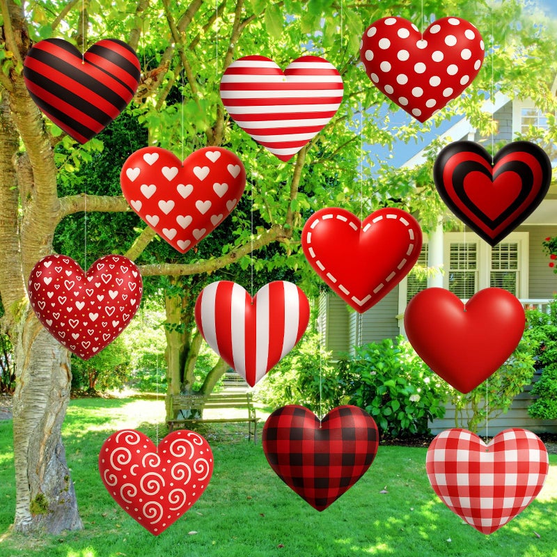 Memorywuu 12 Pcs 7.9 Inch Large Outdoor Valentines Day Decorations Valentines Day Outdoor Hanging Ornaments Signs Double Sided 3D Heart Shaped Decorations for Tree Lawn Porch Yard Outside Party Decor - Image 1