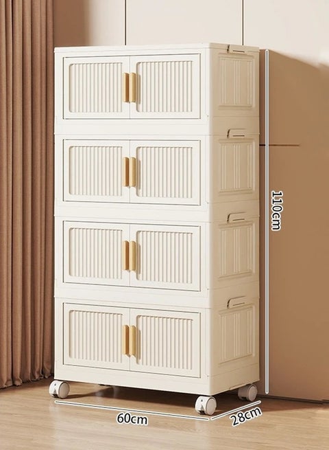 4-Tier Foldable Plastic Storage Cabinet with Flip Doors and Wheels, 60cm Wide Stackable Collapsible Organizer Bins for Clothes, Toys & Office Supplies