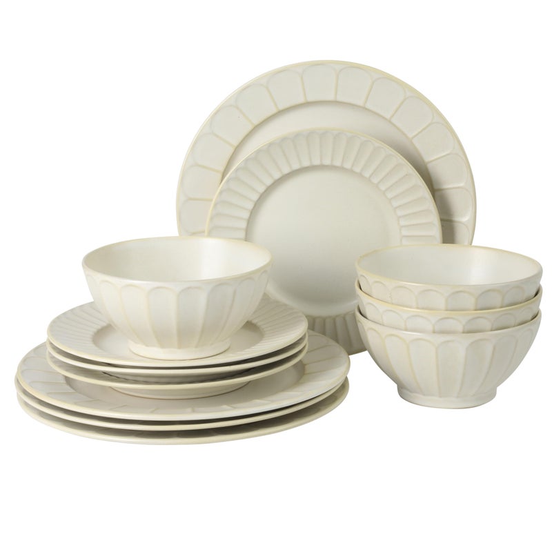 Gibson Elite Winchester Way 12-Piece Embossed Stoneware Dinnerware Set â€“ Reactive Matte Glaze, Durable Lightweight-Tech Plates & Bowls, Everyday Dish Set, Microwave & Dishwasher Safe â€“ Off-White - Image 1