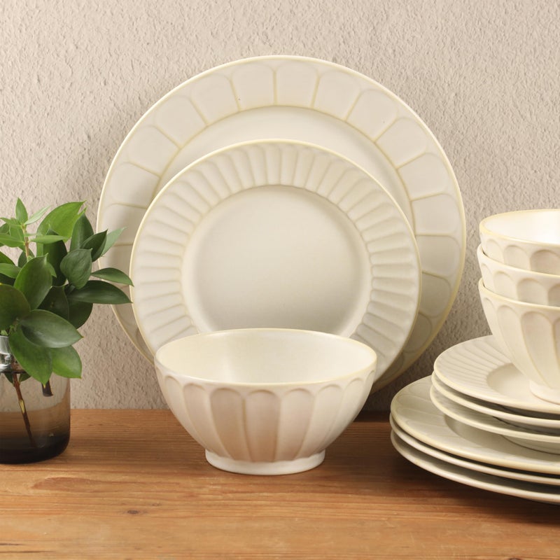 Gibson Elite Winchester Way 12-Piece Embossed Stoneware Dinnerware Set â€“ Reactive Matte Glaze, Durable Lightweight-Tech Plates & Bowls, Everyday Dish Set, Microwave & Dishwasher Safe â€“ Off-White - Image 2