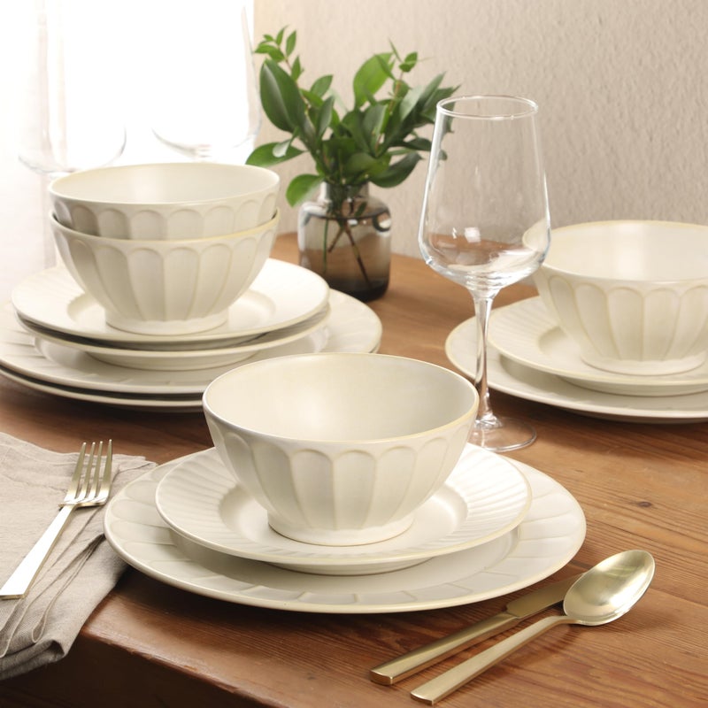 Gibson Elite Winchester Way 12-Piece Embossed Stoneware Dinnerware Set â€“ Reactive Matte Glaze, Durable Lightweight-Tech Plates & Bowls, Everyday Dish Set, Microwave & Dishwasher Safe â€“ Off-White - Image 4