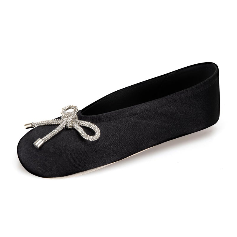isotoner Women's Classic Stretch Satin Ballerina Slippers with Bow Tie and Leather Sole, Black, 8-9 - Image 1