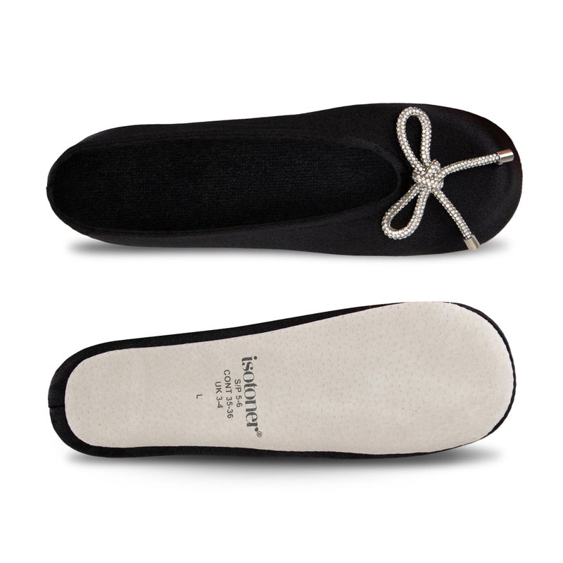 isotoner Women's Classic Stretch Satin Ballerina Slippers with Bow Tie and Leather Sole, Black, 8-9 - Image 3