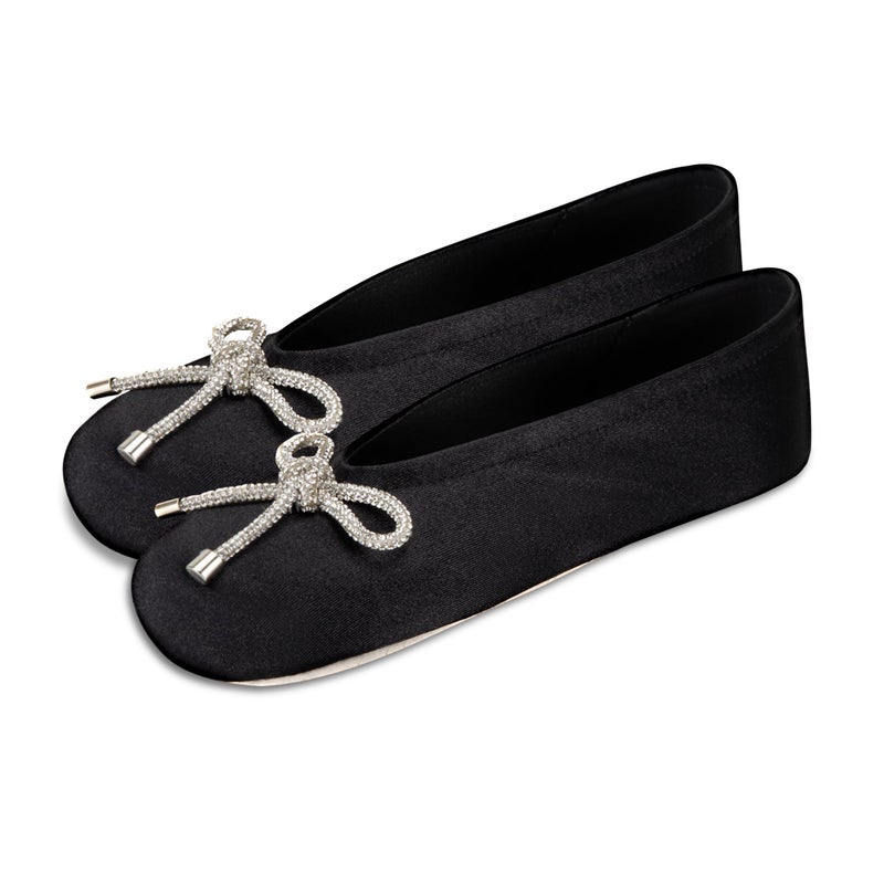 isotoner Women's Classic Stretch Satin Ballerina Slippers with Bow Tie and Leather Sole, Black, 8-9 - Image 2