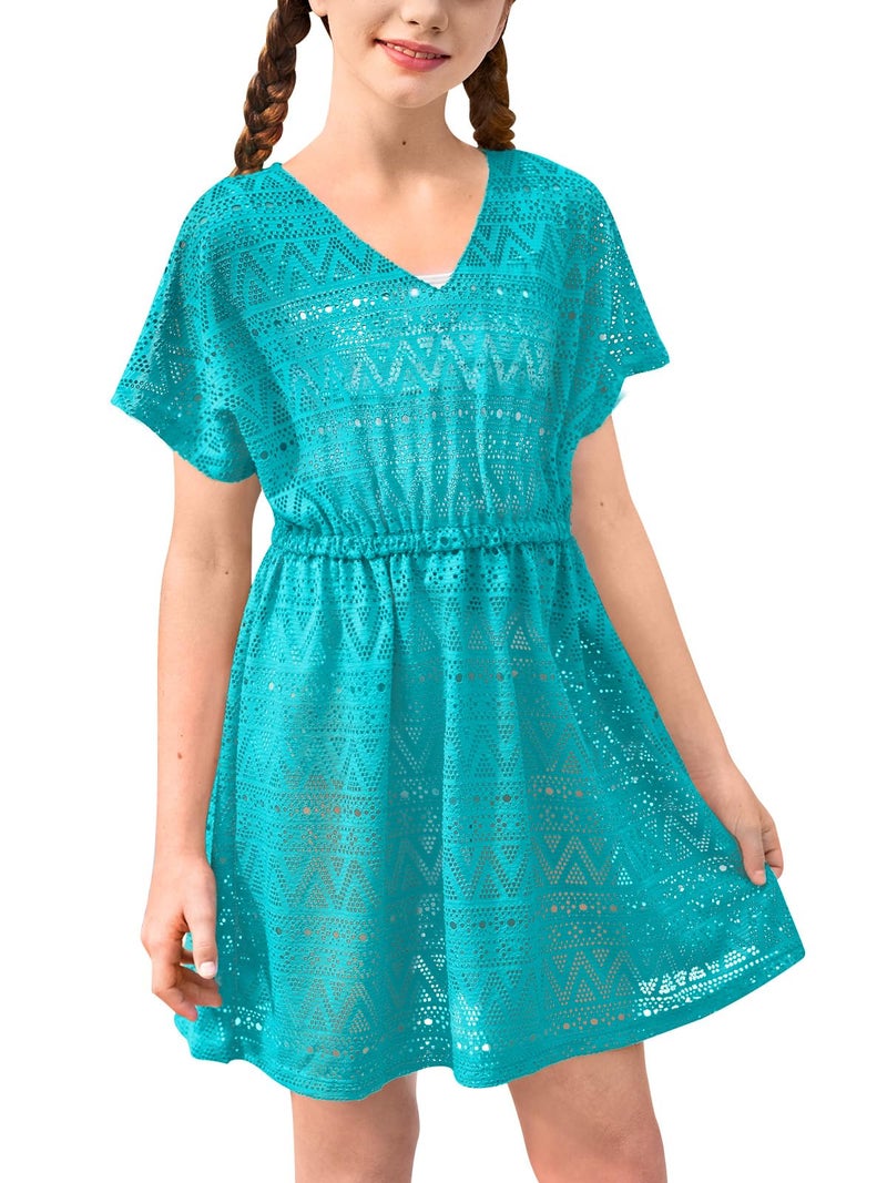 BesserBay Summer Swimsuit Cover Up Crochet V Neck Short Sleeve Beach Dress Kids Hollow Out Swimsuit Blue Size 11-12 Years - Image 1