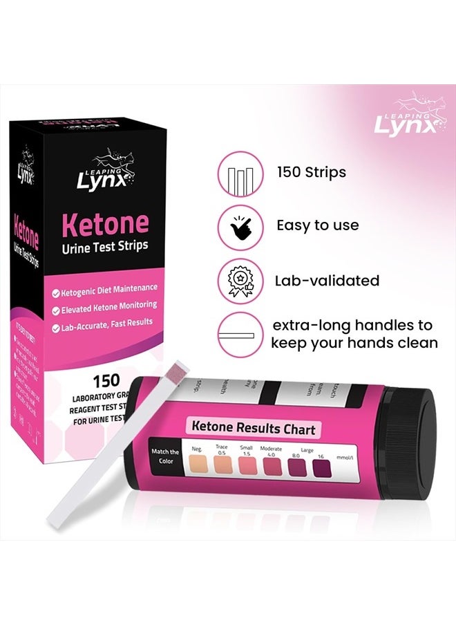 Leaping Lynx - شرائط اختبار الكيتون في البول في 30 ثانية - 150 شريط اختبار كيتو بمقبض طويل للغاية - اختبار الكيتوزية النظيف والسهل لنظام الكيتو الغذائي منخفض الكربوهيدرات - اختبار الكيتونات في البول في ثوانٍ، شرائط بول كيتو عالية الجودة - Image 1