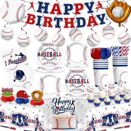 Xynic 202Pcs Baseball Birthday Decorations Tableware Set Serve 25 Guests Baseball Party Decorations Include Banner Plates Tablecloth Cake Topper Cups Cupcake Topper for Baseball Birthday Party - Image 1
