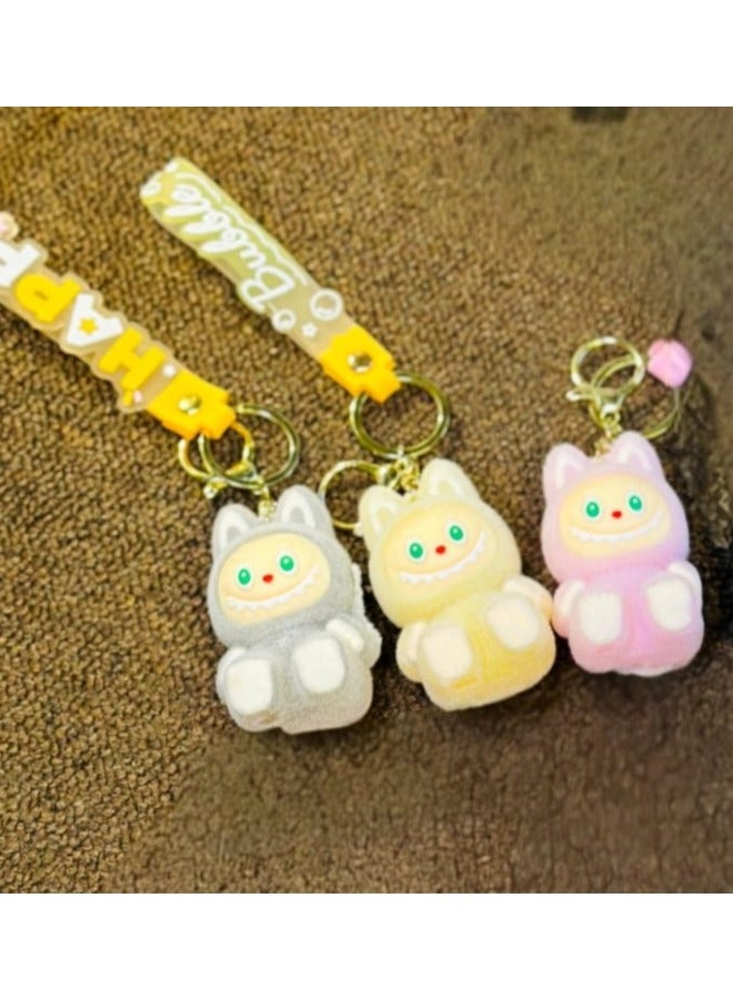 LABUBU 3 Pieces Of Mix Cute Labubu Keychain Set – Colorful ‘Happy’ Strap Charms for Bags, Keys & Gifts 