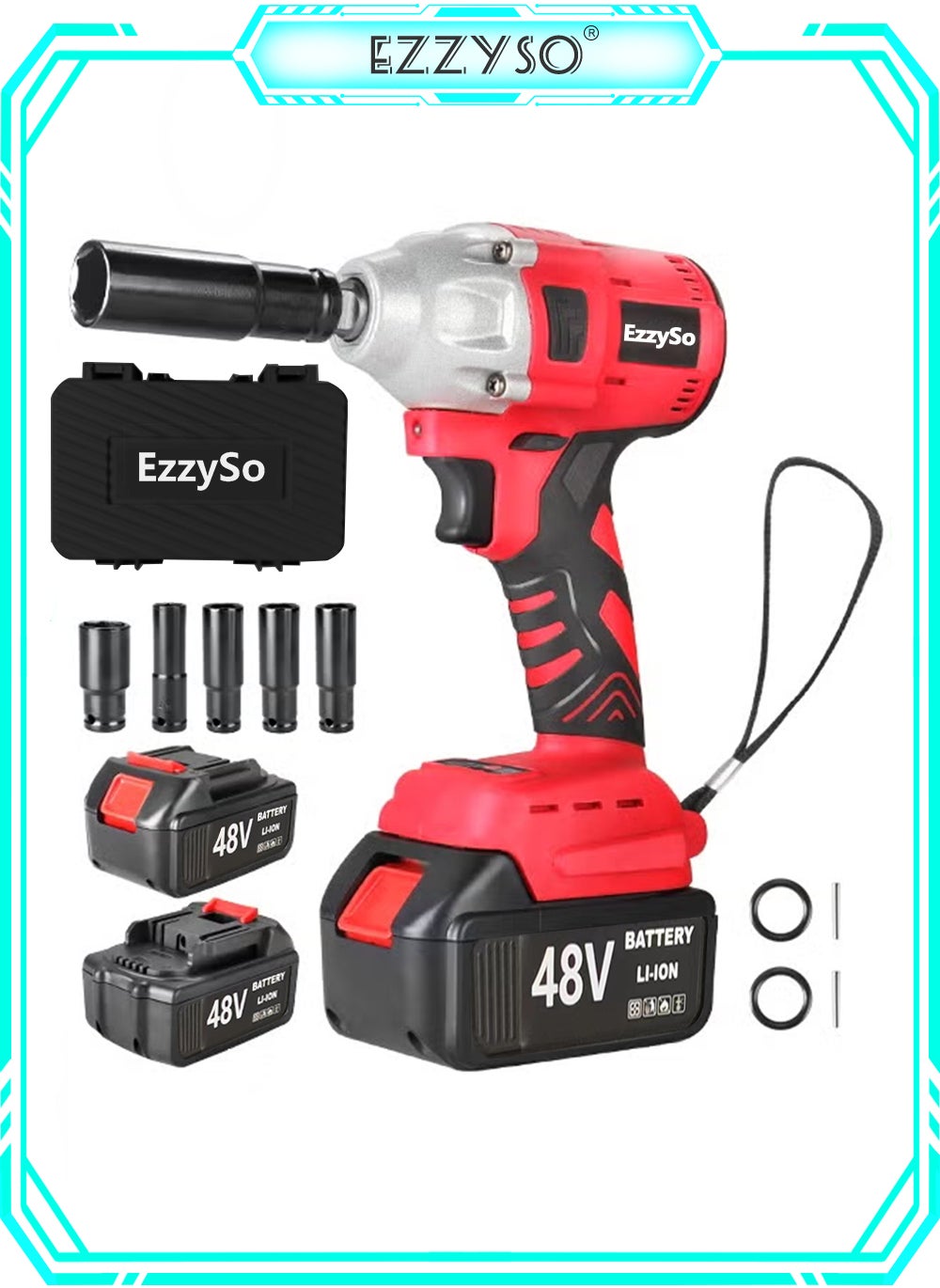 EzzySo 600N.m Cordless Impact Wrench, Electric Impact Gun, High Torque Brushless Impact Wrench w/ 2x 4.0Ah Battery, Fast Charger & 5 Sockets for Car Lawn Mower 