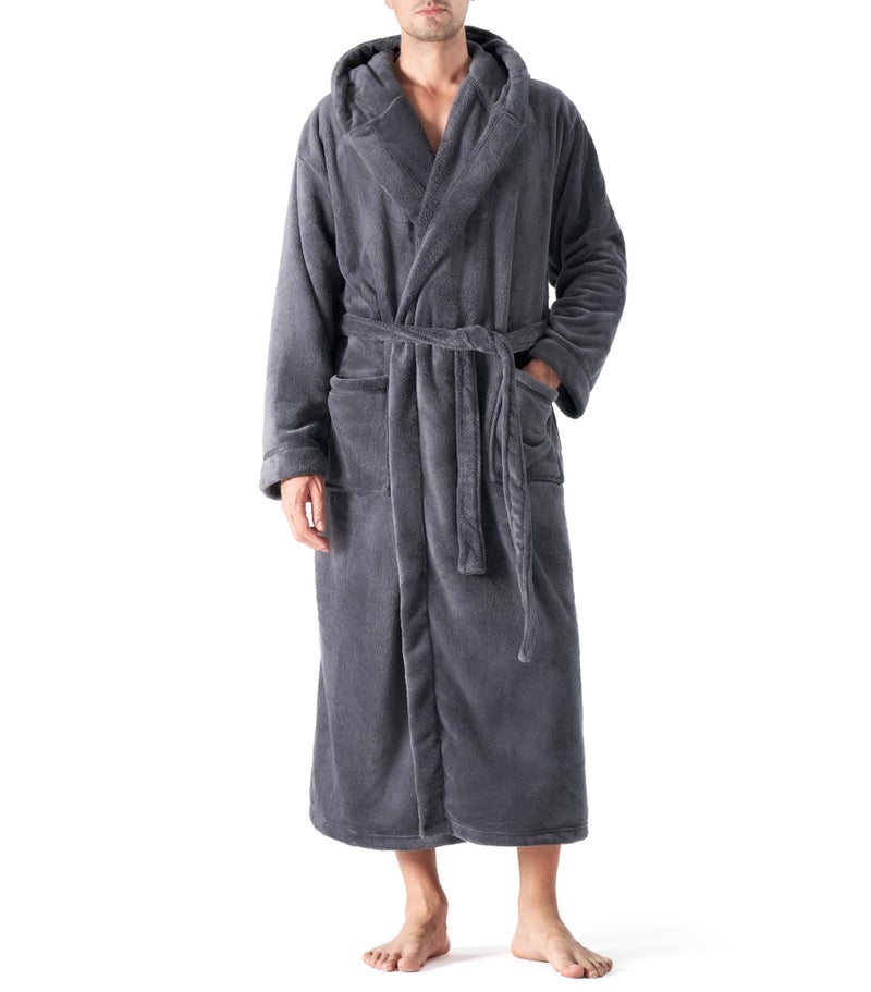 DAVID ARCHY Mens Soft Plush Coral Fleece Robe Full Length Hooded Long Bathrobe for Men with Hood M Dark Gray