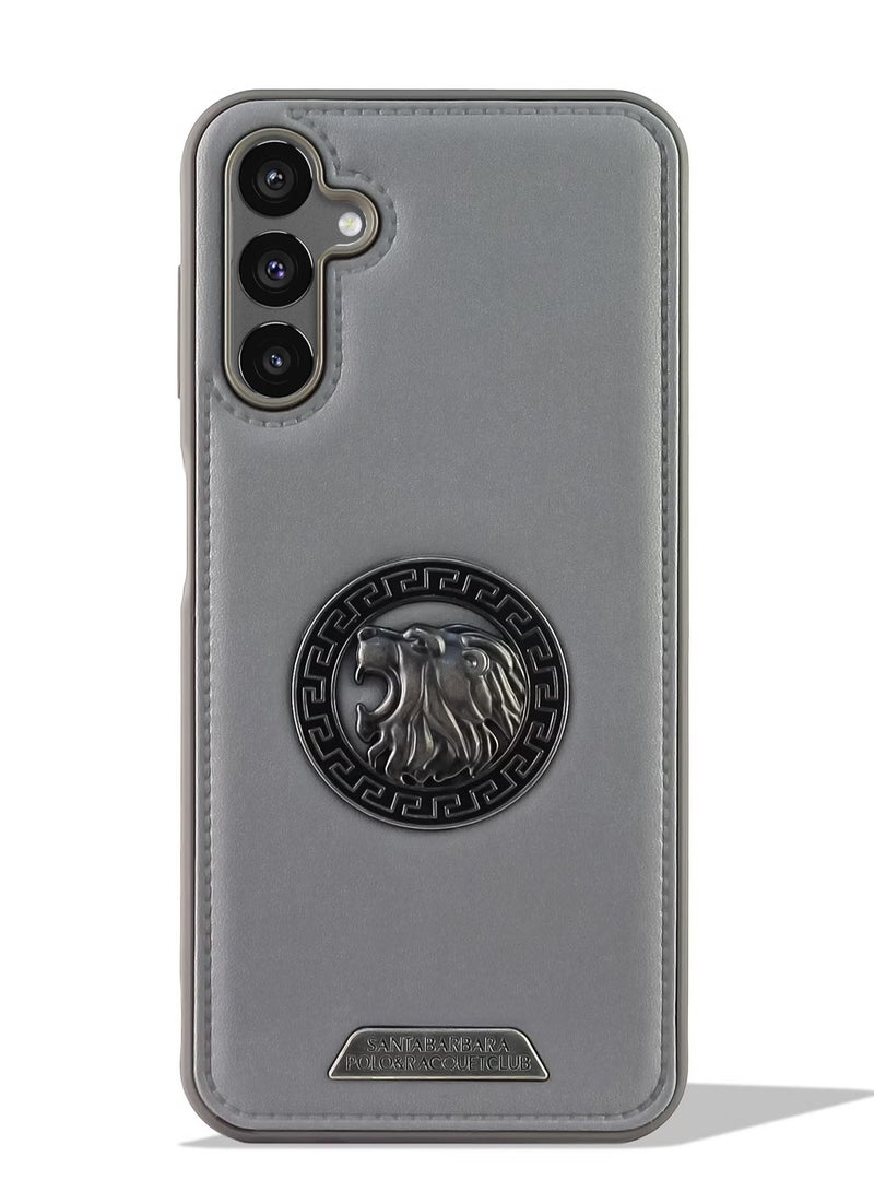Leather Case With Metal Logo Silicone tpu Frame For Samsung Galaxy A55 (Grey)