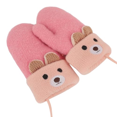 Holiberty Toddler Baby Knitted Winter Gloves Cable Mittens Cute Cartoon Bear Kids Boys Girls Thermal Thick Fleece Lined Gloves Wool Warm Knit Snow Ski Cold Weather Gloves Children with String Age 0-3Y - Image 2