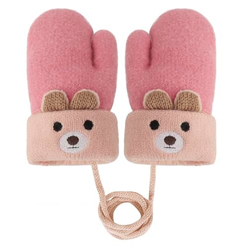 Holiberty Toddler Baby Knitted Winter Gloves Cable Mittens Cute Cartoon Bear Kids Boys Girls Thermal Thick Fleece Lined Gloves Wool Warm Knit Snow Ski Cold Weather Gloves Children with String Age 0-3Y - Image 1