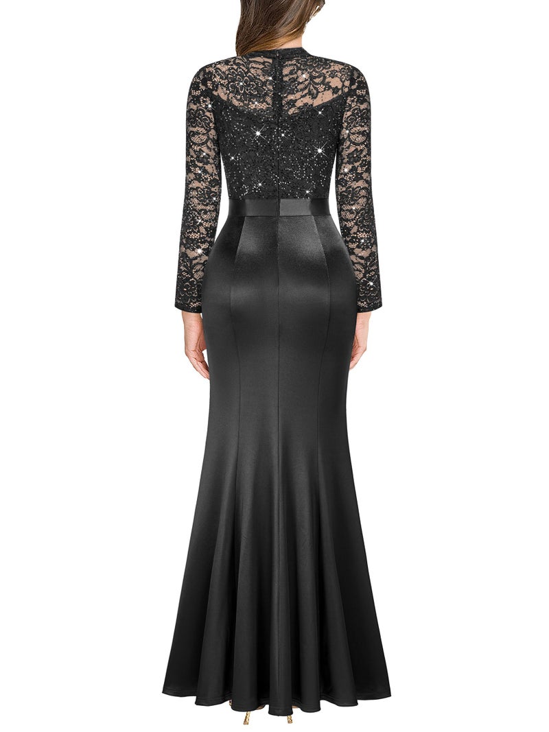 Miusol Women's Vintage Lace Contrast Satin Design Ruched Ruffle Formal Evening Maxi Dress (Large, Black) - Image 2