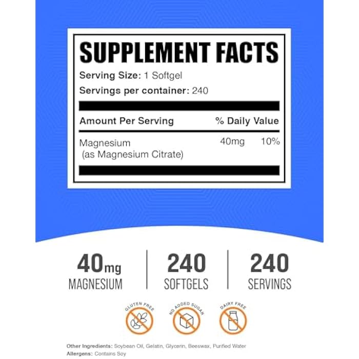 BulkSupplements.com Magnesium Citrate Softgels - Magnesium Supplement - 40mg Magnesium, Gluten Free, 1 Softgel per Serving, 240 Count (Pack of 1) - Image 2