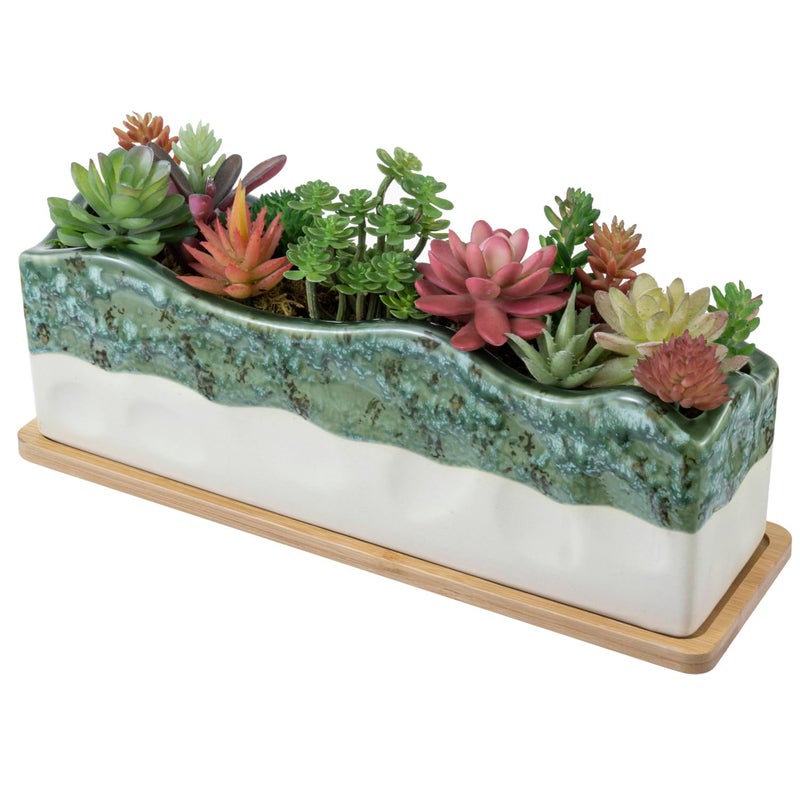 MyGift 13 Inch Large Rectangular Succulent Planter, Decorative Seafoam Green Glazed Beige Ceramic Indoor Plant Container Pot with Removable Bamboo Tray - Image 5