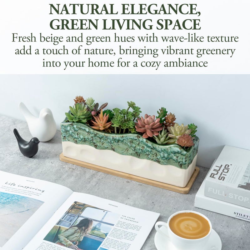 MyGift 13 Inch Large Rectangular Succulent Planter, Decorative Seafoam Green Glazed Beige Ceramic Indoor Plant Container Pot with Removable Bamboo Tray - Image 2