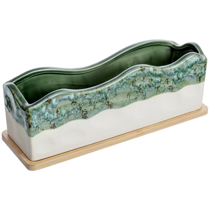 MyGift 13 Inch Large Rectangular Succulent Planter, Decorative Seafoam Green Glazed Beige Ceramic Indoor Plant Container Pot with Removable Bamboo Tray - Image 1