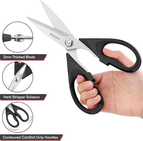 iBayam Kitchen Shears, iBayam Kitchen Scissors All Purpose Heavy Duty Meat Poultry Shears, Dishwasher Safe Food Cooking Stainless Steel Utility Scissors, Home Apartment Essentials, 2-Pack, Black, Aqua Sky - Image 4