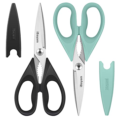 iBayam Kitchen Shears, iBayam Kitchen Scissors All Purpose Heavy Duty Meat Poultry Shears, Dishwasher Safe Food Cooking Stainless Steel Utility Scissors, Home Apartment Essentials, 2-Pack, Black, Aqua Sky - Image 1