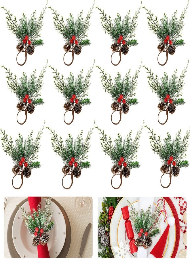 FRAMICS 12 Pieces Christmas Napkin Rings, Snowy Pine Cone Napkin Ring with Red Berry, Berry Napkin Holder Buckle for for Christmas Wedding Dinner Table Gathering Decor - Image 1