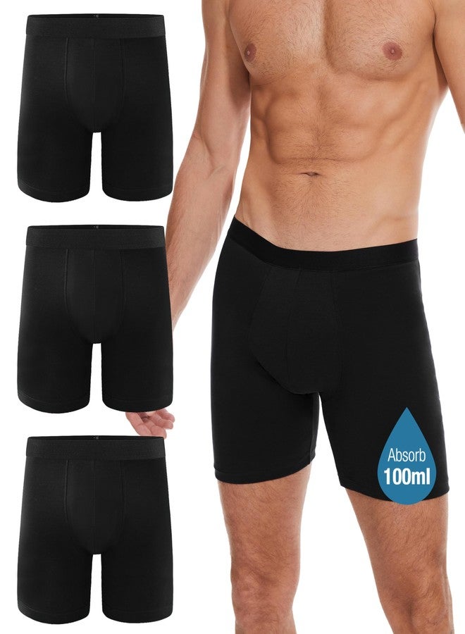 YESWEL Incontinence Underwear Long Leg For Men, 100ML Absorbent Cotton Washable Leak-Proof Reusable Boxer Brief 3 Pack (US, Alpha, Large, Regular, Regular, Black - Image 1