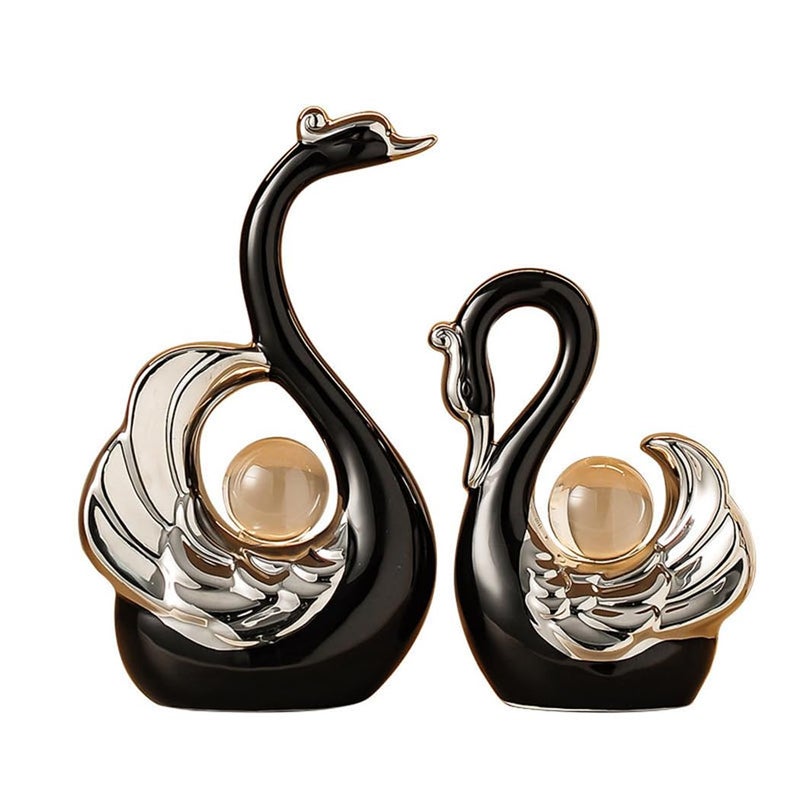 XINDAM A Pair of Swan Figurines Swans Statue with Crystal Ball Model Home Office Display Decorative Craft Living Room Decor (Black) - Image 1