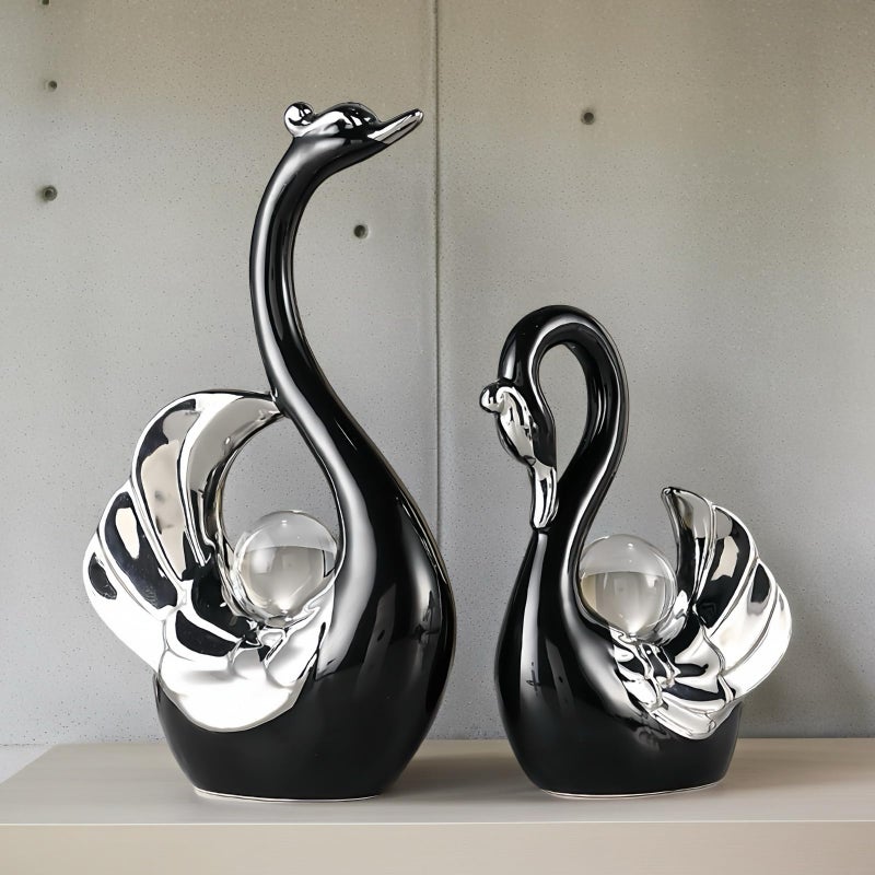 XINDAM A Pair of Swan Figurines Swans Statue with Crystal Ball Model Home Office Display Decorative Craft Living Room Decor (Black) - Image 4