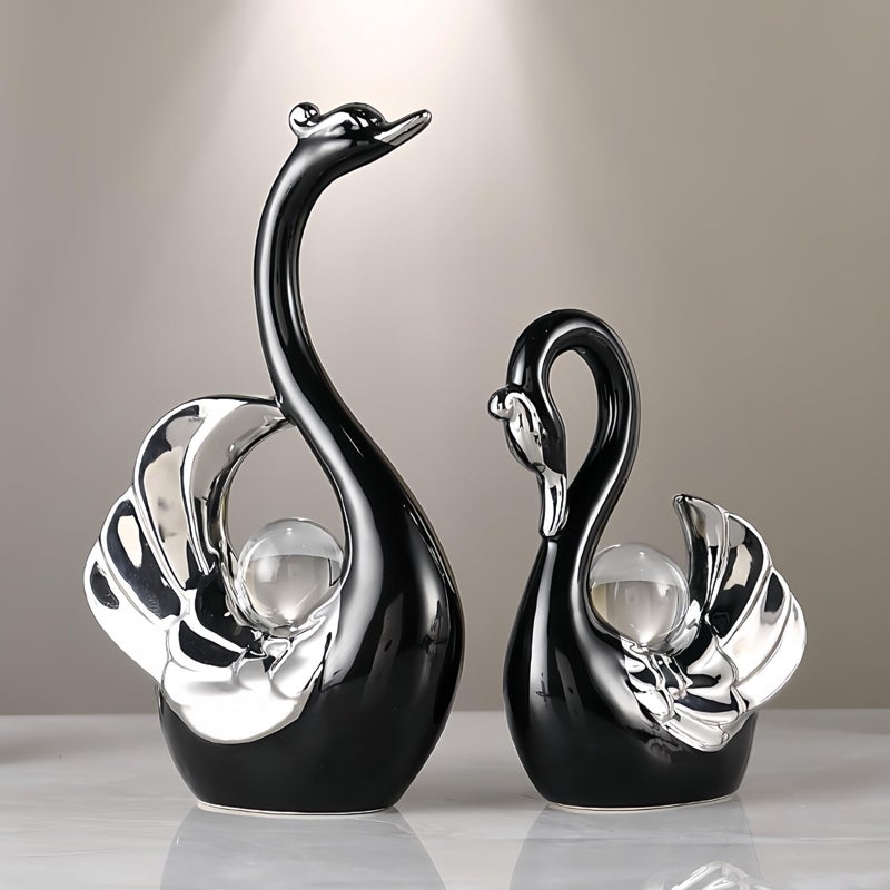 XINDAM A Pair of Swan Figurines Swans Statue with Crystal Ball Model Home Office Display Decorative Craft Living Room Decor (Black) - Image 2