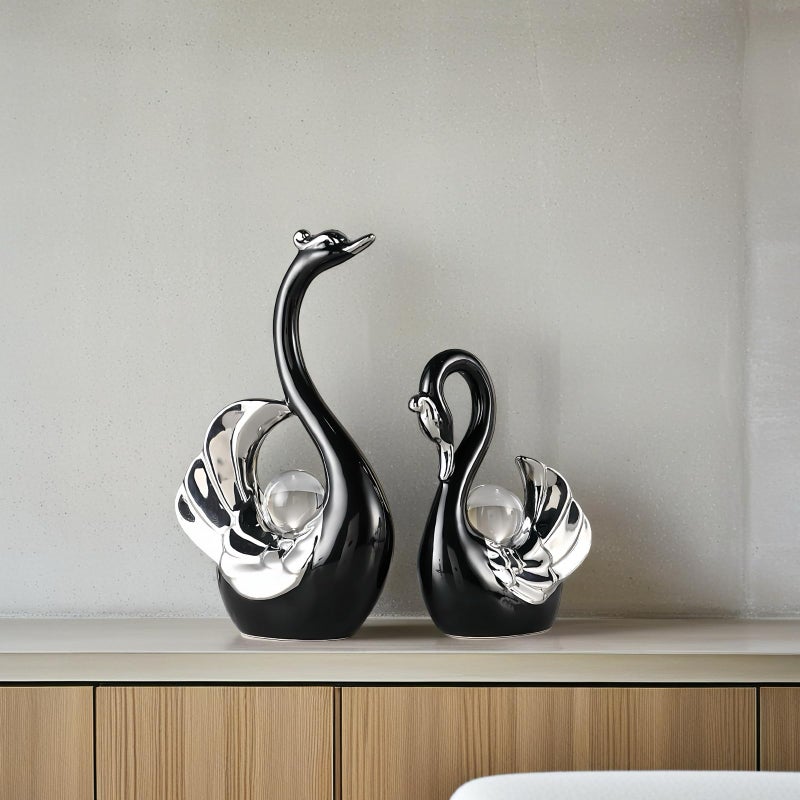 XINDAM A Pair of Swan Figurines Swans Statue with Crystal Ball Model Home Office Display Decorative Craft Living Room Decor (Black) - Image 5