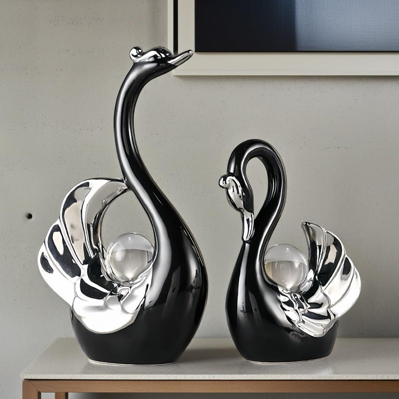 XINDAM A Pair of Swan Figurines Swans Statue with Crystal Ball Model Home Office Display Decorative Craft Living Room Decor (Black) - Image 3