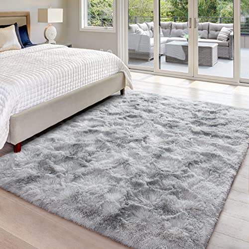 Hutha 5x8 Large Area Rugs for Living Room, Super Soft Fluffy Modern Bedroom Rug, Tie-Dyed Light Grey Indoor Shag Fuzzy Carpets for Girls Kids Nursery Room Home Decor - Image 2