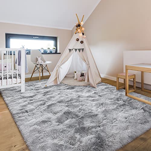 Hutha 5x8 Large Area Rugs for Living Room, Super Soft Fluffy Modern Bedroom Rug, Tie-Dyed Light Grey Indoor Shag Fuzzy Carpets for Girls Kids Nursery Room Home Decor - Image 3
