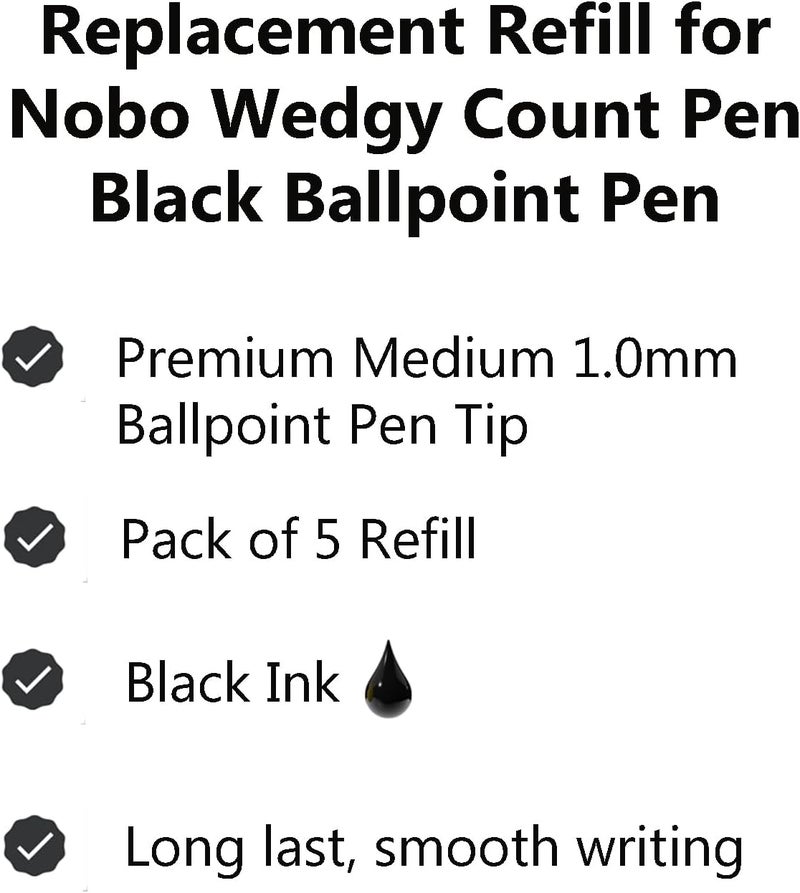 Nobo 5 Pack Counter Coil Corded Wedgy Pen Replacement Refill, Writes Medium 1.0mm Tip Black Ink (5 Black Replacement Refill) - Image 3