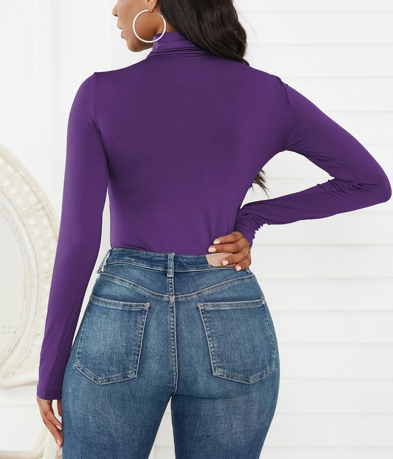 Sumtory Ladies Long Sleeve Turtleneck Bodysuit Stretchy Womens Leotard Tops Purple M - Image 4