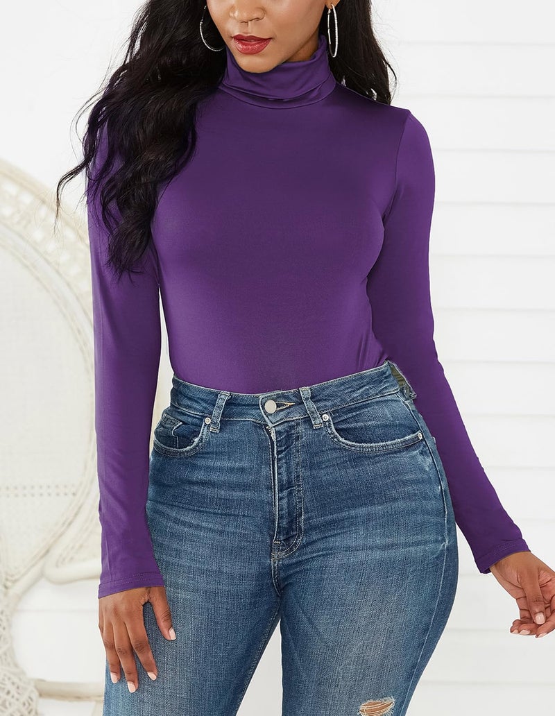 Sumtory Ladies Long Sleeve Turtleneck Bodysuit Stretchy Womens Leotard Tops Purple M - Image 3