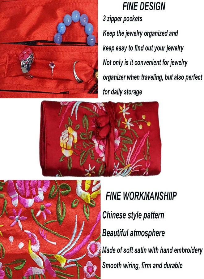 LOVNBHELP 2pcs Embroidery Jewelry Roll 2 Styles Jewelry Silk Purse Pouchs Damask Cloth Roll Brocade Organizer with Snap Button and Zipper Small Gift Bags for Travel Storage Jewelry/Peacock Green - Image 5