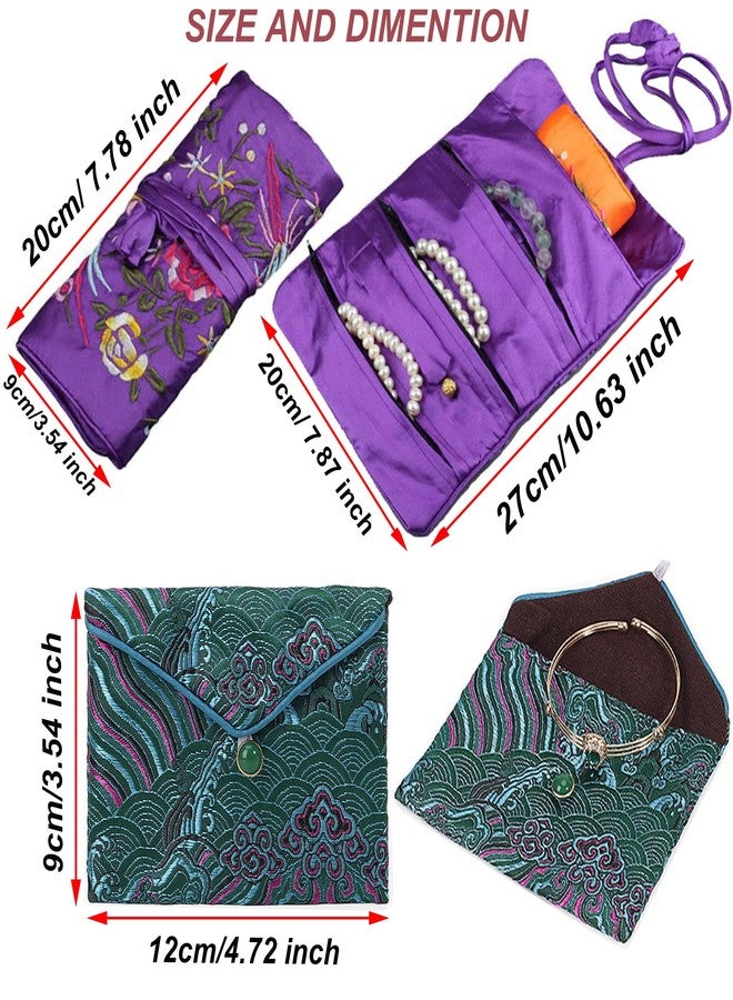 LOVNBHELP 2pcs Embroidery Jewelry Roll 2 Styles Jewelry Silk Purse Pouchs Damask Cloth Roll Brocade Organizer with Snap Button and Zipper Small Gift Bags for Travel Storage Jewelry/Peacock Green - Image 3