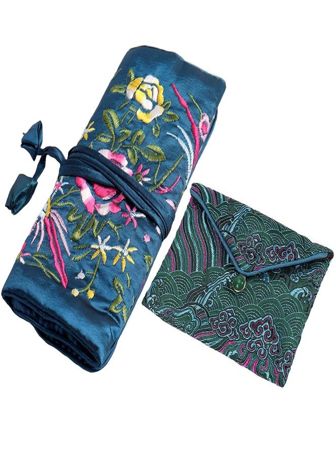 LOVNBHELP 2pcs Embroidery Jewelry Roll 2 Styles Jewelry Silk Purse Pouchs Damask Cloth Roll Brocade Organizer with Snap Button and Zipper Small Gift Bags for Travel Storage Jewelry/Peacock Green - Image 1