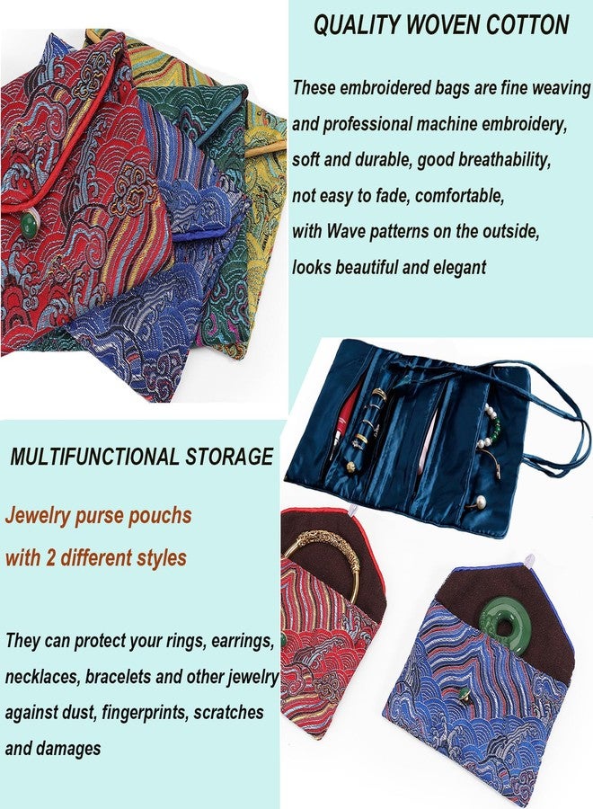 LOVNBHELP 2pcs Embroidery Jewelry Roll 2 Styles Jewelry Silk Purse Pouchs Damask Cloth Roll Brocade Organizer with Snap Button and Zipper Small Gift Bags for Travel Storage Jewelry/Peacock Green - Image 2