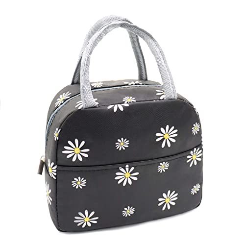 Sonuimy Insulated Lunch Bag Women, Reusable Cute Tote Lunch Box for Adult & Men, Leakproof Cooler Lunch Bags for Work Office Travel Picnic (Black with White Daisy) - Image 1