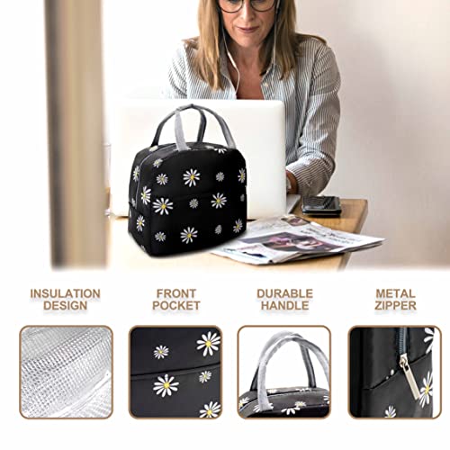Sonuimy Insulated Lunch Bag Women, Reusable Cute Tote Lunch Box for Adult & Men, Leakproof Cooler Lunch Bags for Work Office Travel Picnic (Black with White Daisy) - Image 4