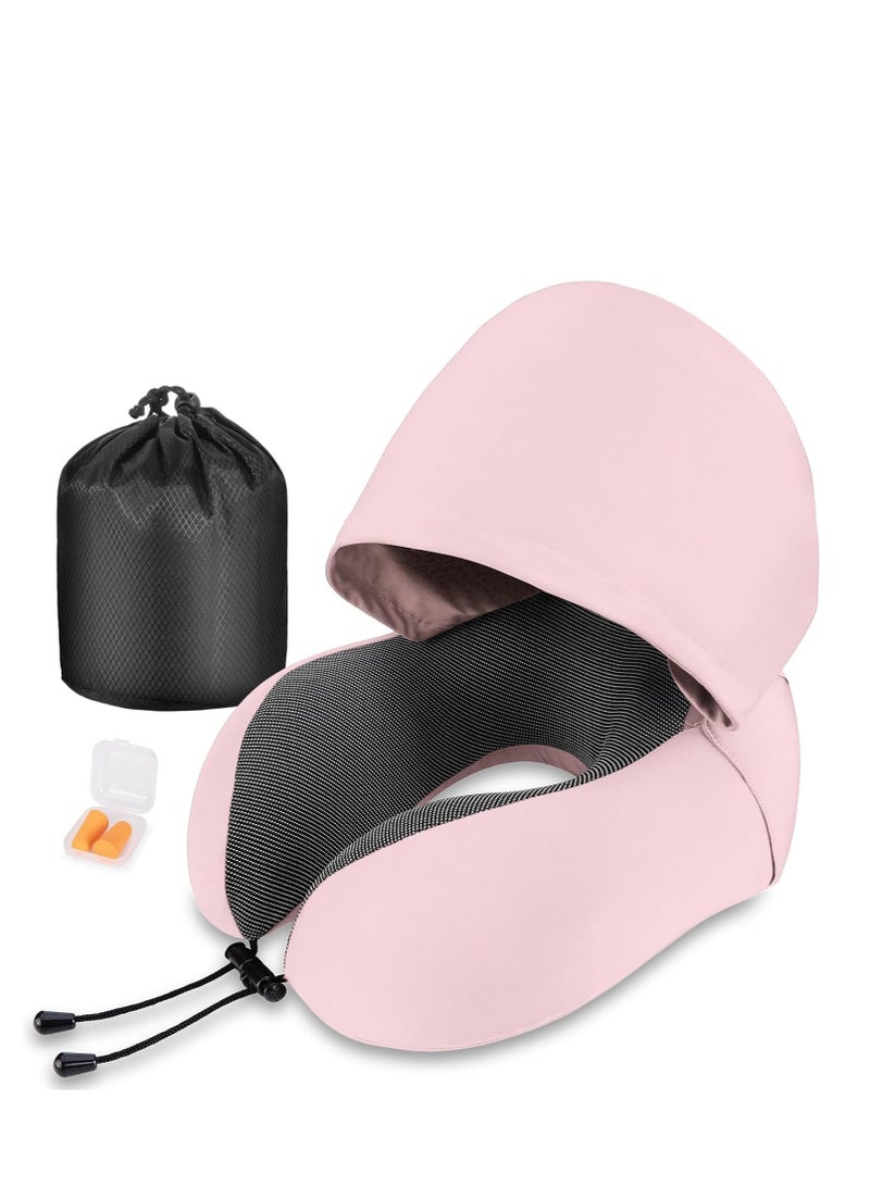 SYOSI Neck Pillow for Travel, Memory Foam Travel with Hood, Adult Airplane Head Rest Support, Portable Office Cars Trains Long Flights Sleeping (Pink) - Image 1