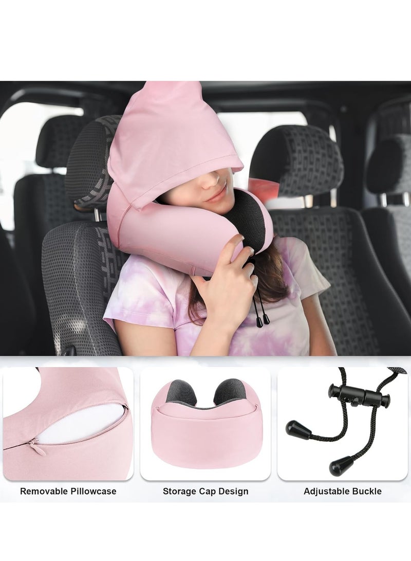 SYOSI Neck Pillow for Travel, Memory Foam Travel with Hood, Adult Airplane Head Rest Support, Portable Office Cars Trains Long Flights Sleeping (Pink) - Image 2